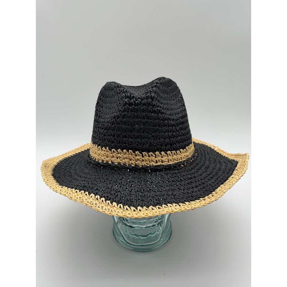 Something Special Black Straw Sun Hat Tan Trim Paper Fedora S/M Small Medium